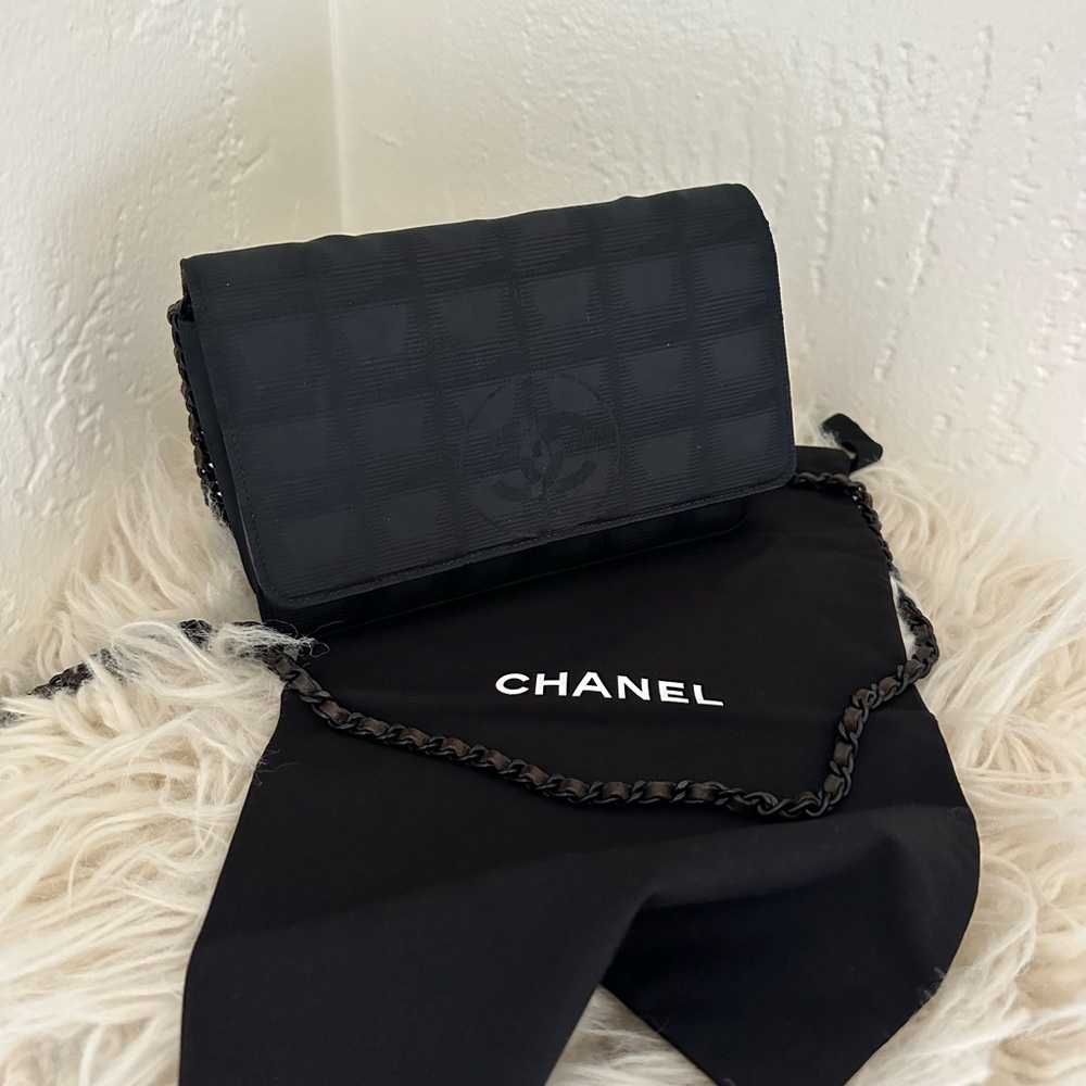 Rare Vintage Chanel y2k Black WOC Wallet on Chain Black/Brown Nylon Leather Bag